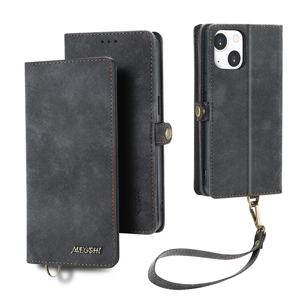 MEGSHI 021 Series pro iPhone 14 Odnímatelná magnetická peněženka s plnou ochranou Shell kožený stojánek na telefon MEGSHI 021 Series pro iPhone 14 Odnímatelná magnetická peněženka s plnou ochranou Shell kožený stojánek na telefon